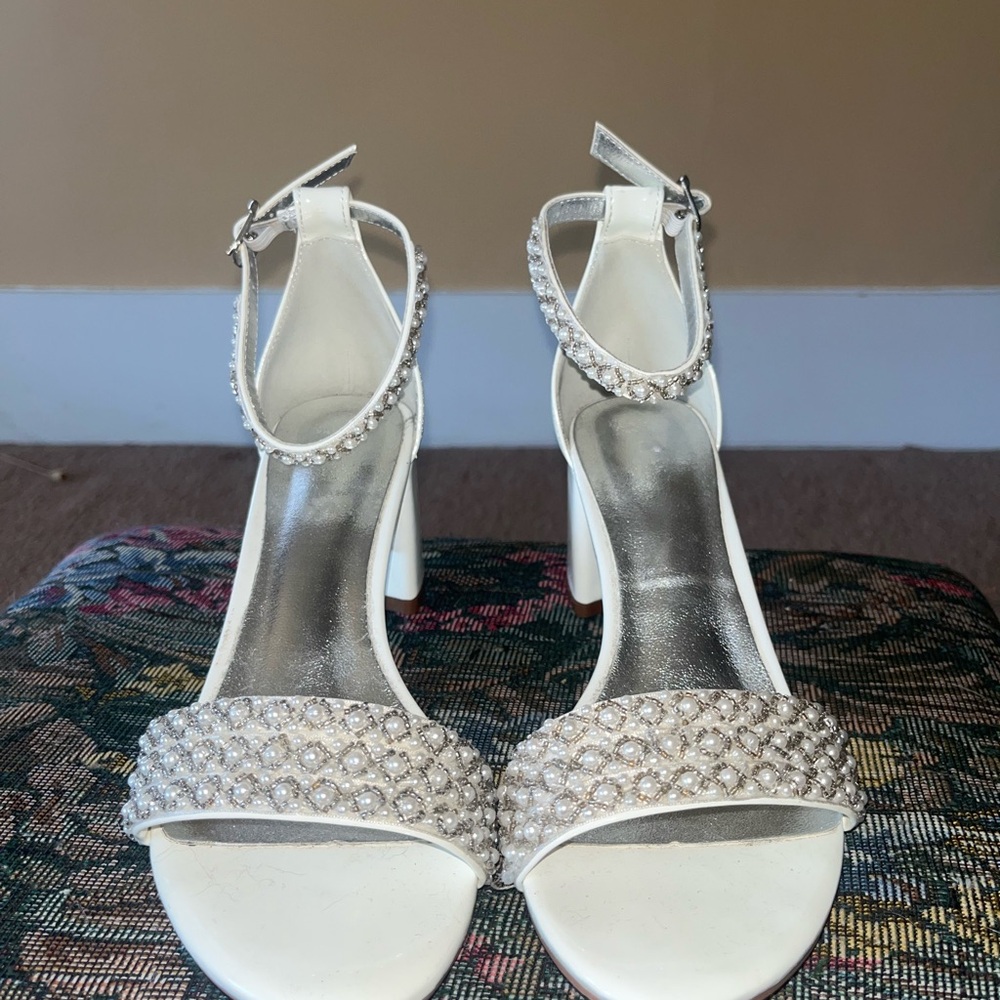 Chic White Beaded Women's Heels